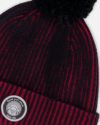 Lined Knit Pompom Hat Red And Black-3