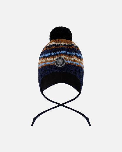 Lined Peruvian Knit Winter Hat With Pompom Taupe And Navy-0