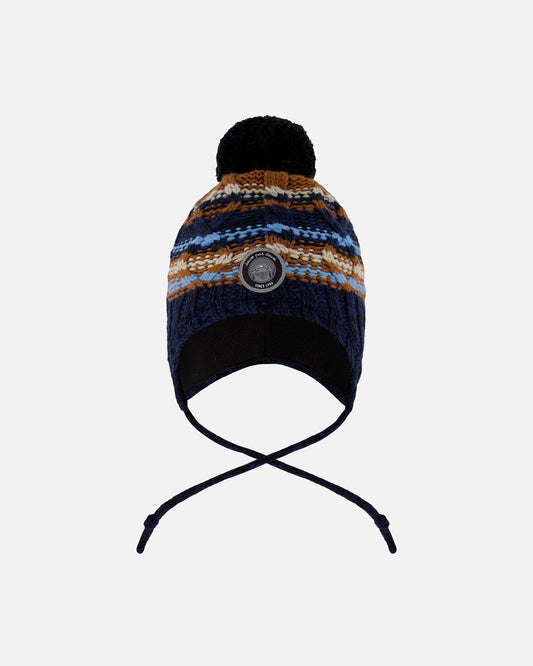 Lined Peruvian Knit Winter Hat With Pompom Taupe And Navy-0