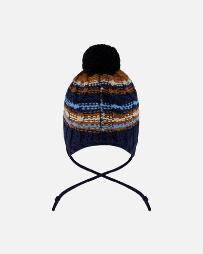 Lined Peruvian Knit Winter Hat With Pompom Taupe And Navy-2