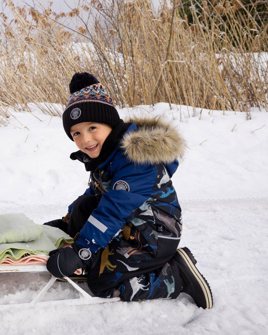 Lined Knit Winter Hat With Pompom Taupe And Navy-1