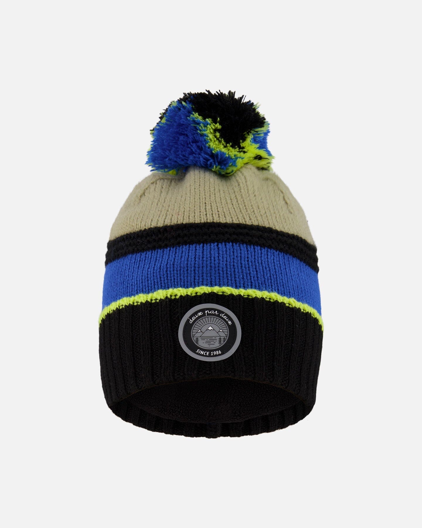 Lined Knit Pompom Hat Black, Taupe And Lime Green-0