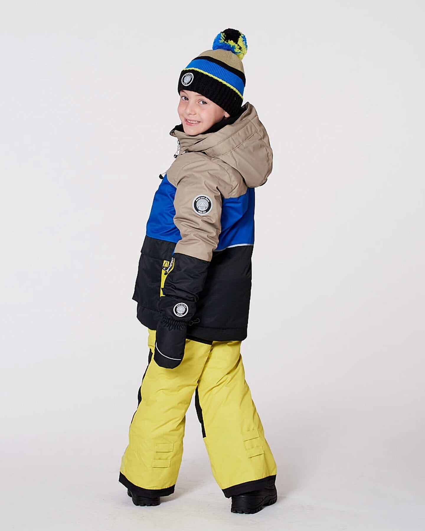 Lined Knit Pompom Hat Black, Taupe And Lime Green-2