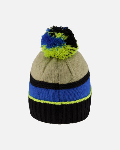 Lined Knit Pompom Hat Black, Taupe And Lime Green-3