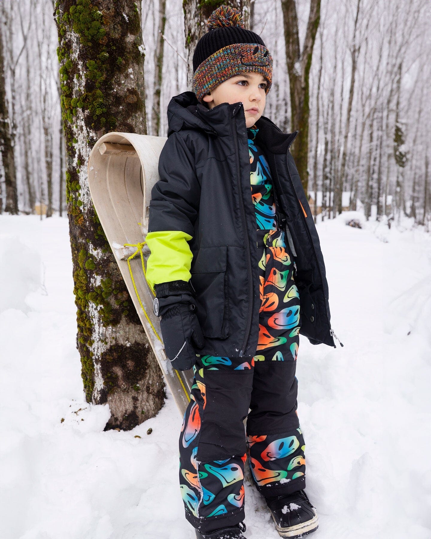 Lined Knit Winter Hat With Pompom Black And Multicolor-1