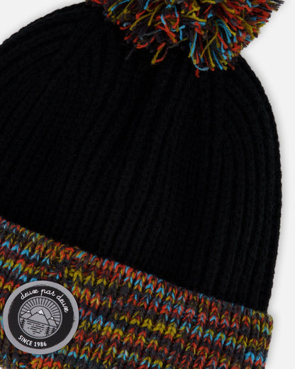 Lined Knit Winter Hat With Pompom Black And Multicolor-4