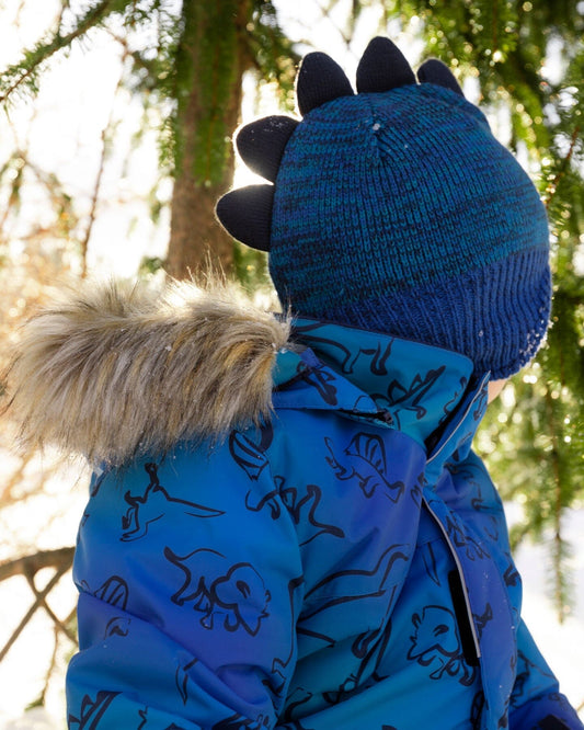 Lined Dino Peruvian Knit Winter Hat With Pompom Blue-1