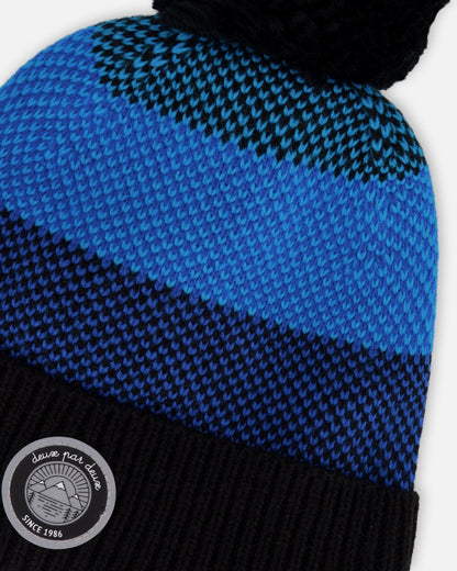 Winter Knit Hat With Pompom And Lining Black And Blue-3