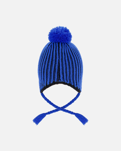 Winter Peruvian Knit Hat With Pompom And Lining Black And Blue-3