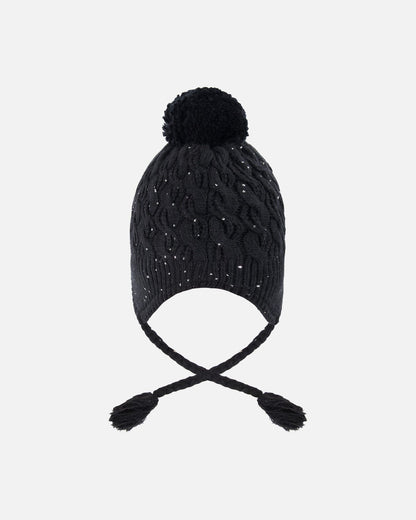 Winter Peruvian Knit Hat With Pompom And Lining Black-1