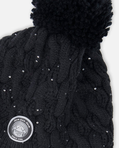 Winter Peruvian Knit Hat With Pompom And Lining Black-2