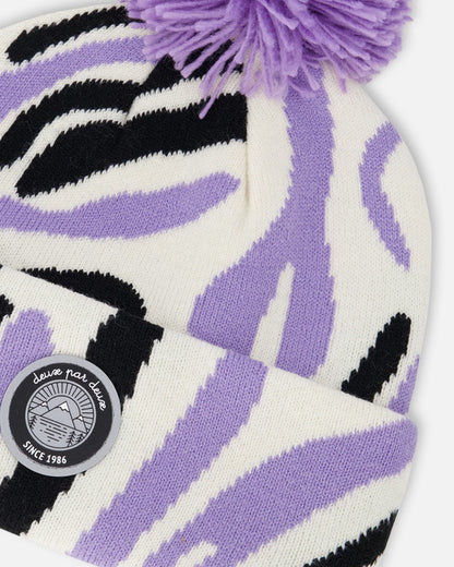 Lined Knit Pompom Hat Black, White And Lilac-2