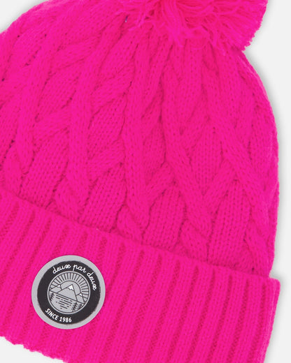 Lined Knit Pompom Hat Fuchsia-2