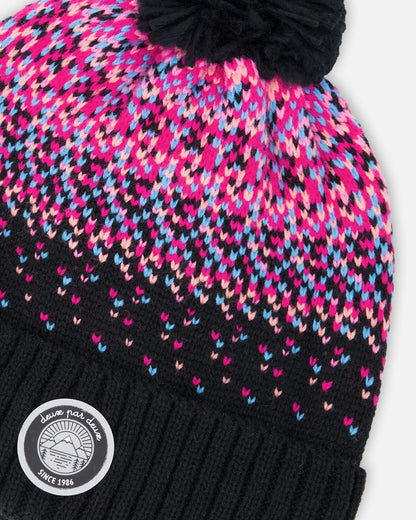 Lined Knit Pompom Hat Black And Pink-2