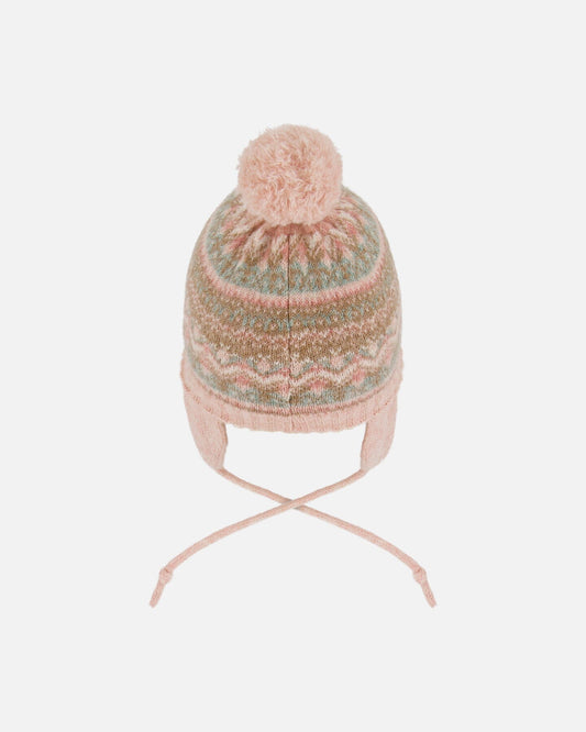 Lined Baby Knit Pompom Hat With Ear Flaps Dusty Pink-1