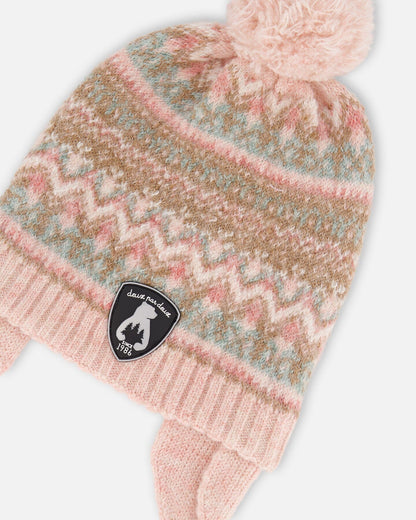 Lined Baby Knit Pompom Hat With Ear Flaps Dusty Pink-2