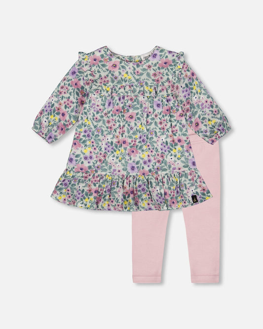 Printed Muslin Sage Floral Dress And Solid Leggings Set-0