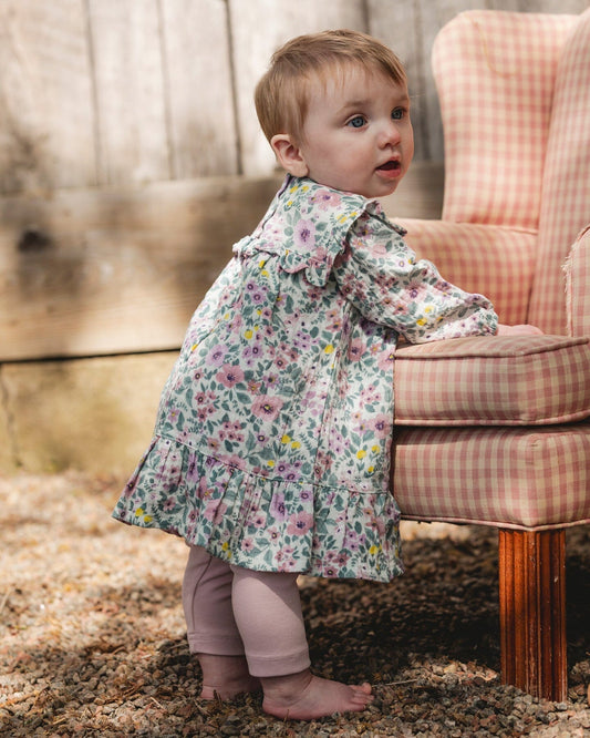 Printed Muslin Sage Floral Dress And Solid Leggings Set-1