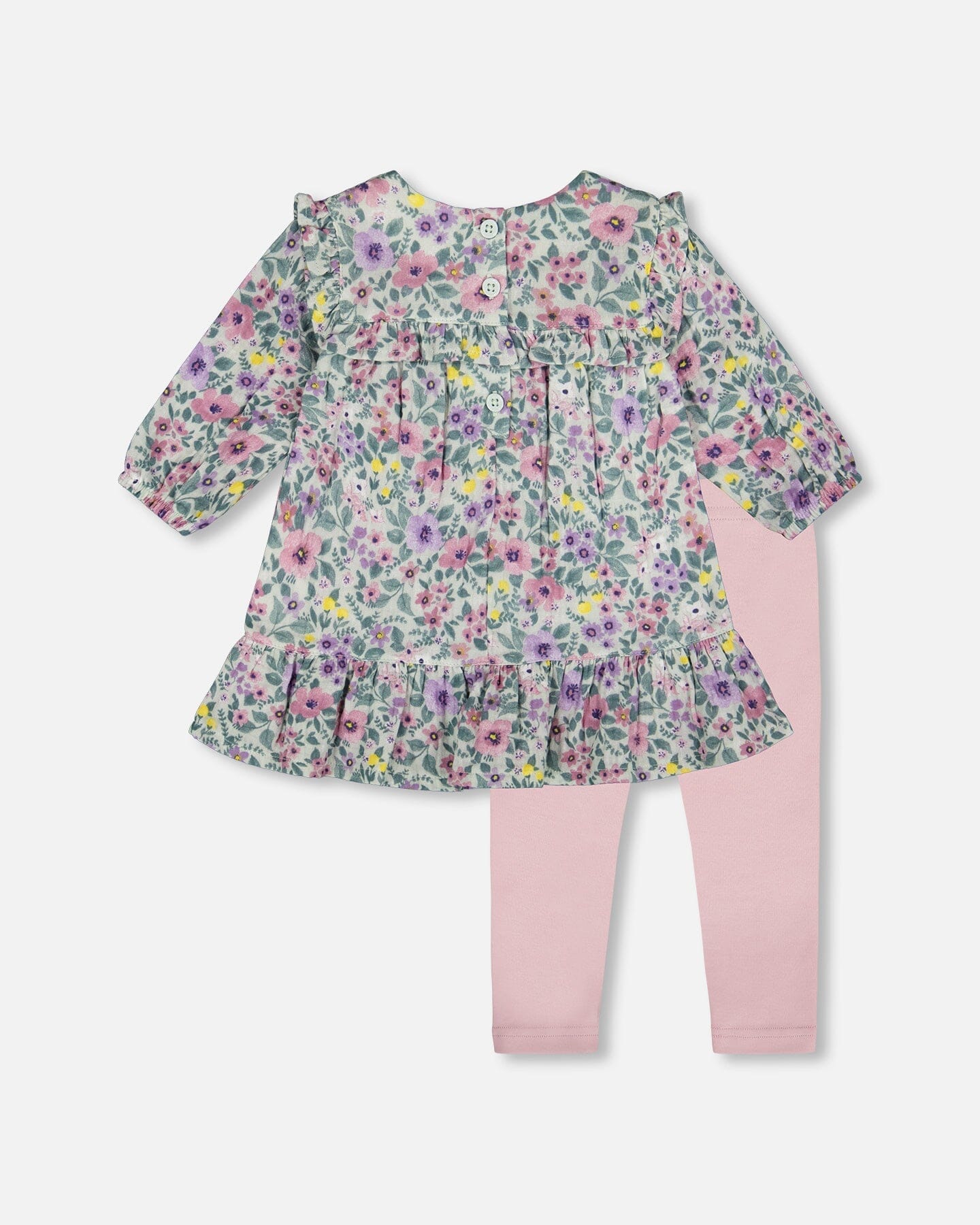 Printed Muslin Sage Floral Dress And Solid Leggings Set-2