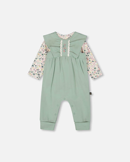 Organic Cotton Bodysuit And Sleeveless Overalls Set Jade Green-0