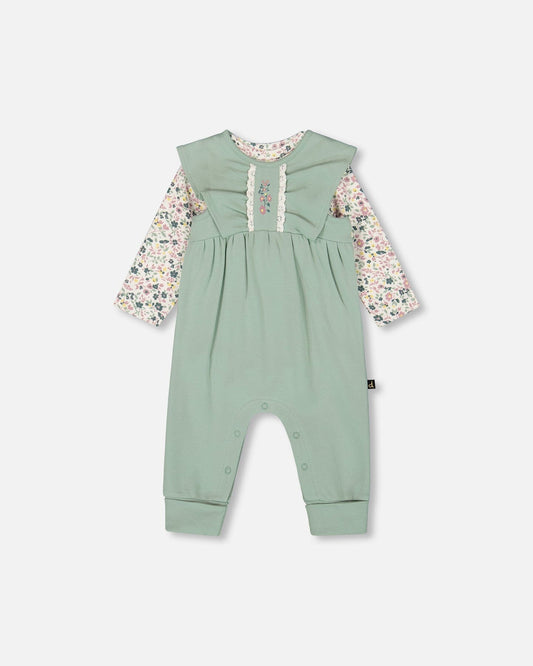 Organic Cotton Bodysuit And Sleeveless Overalls Set Jade Green-0