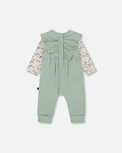 Organic Cotton Bodysuit And Sleeveless Overalls Set Jade Green-2