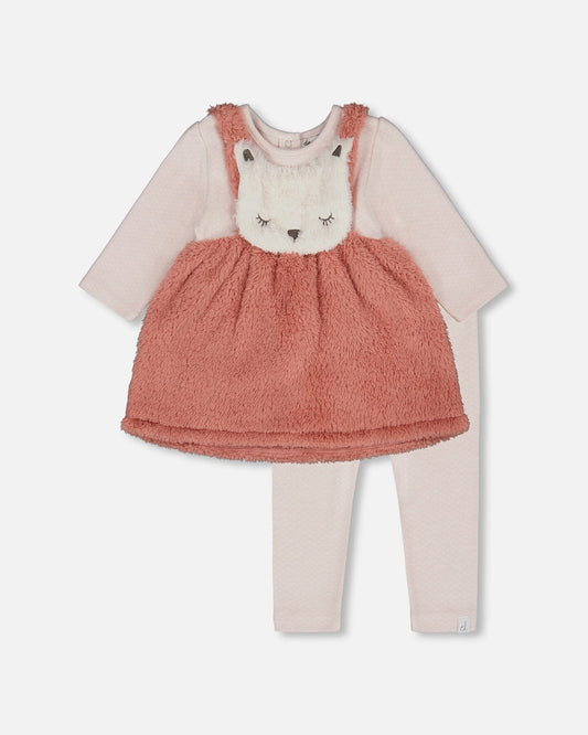 Bi-Material Dress And Leggings Set Old Pink-0