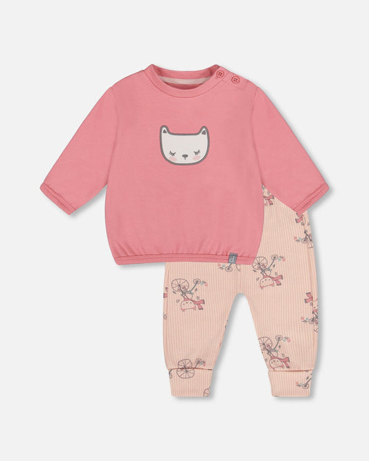 Organic Cotton Pant With Top Set Pink Cat Print-0