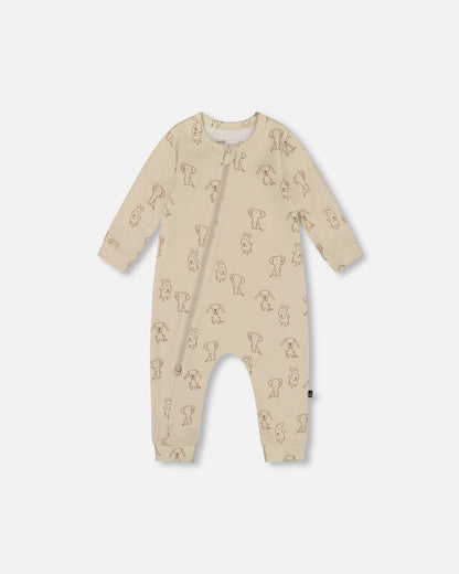 Organic Cotton Zipped Romper Beige Puppy Print-0