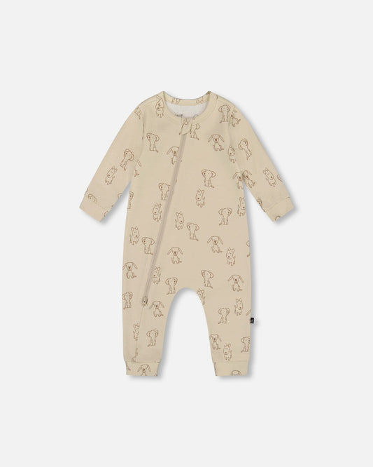 Organic Cotton Zipped Romper Beige Puppy Print-0