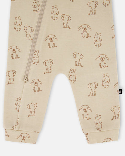 Organic Cotton Zipped Romper Beige Puppy Print-2