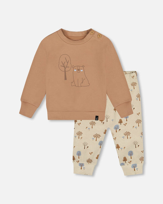 Organic Cotton Pant And Top Set Beige Tree Print-0