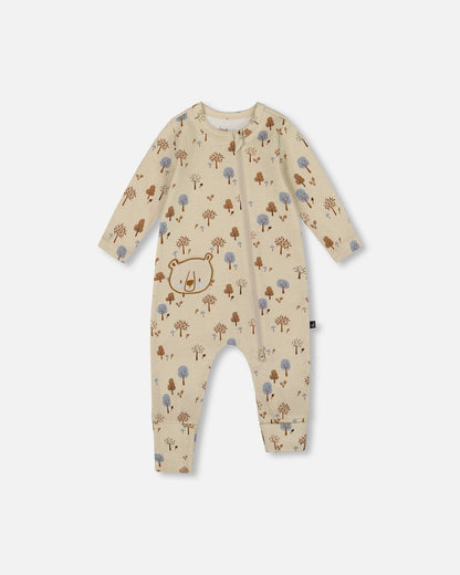 Organic Cotton Zipped Romper Beige Tree Print-0