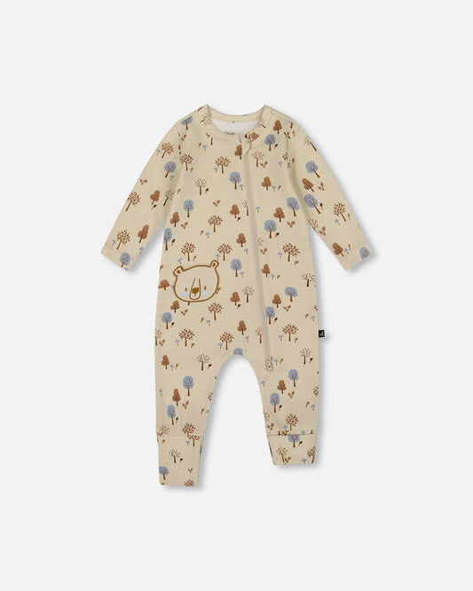 Organic Cotton Zipped Romper Beige Tree Print-0