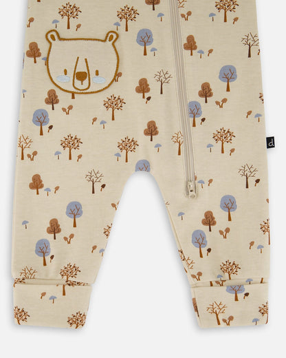 Organic Cotton Zipped Romper Beige Tree Print-2
