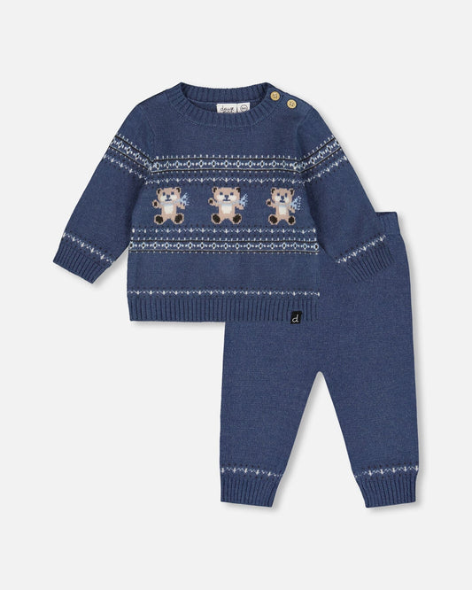 Knitted Jacquard Sweater And Pant Set Blue Gray With Bears-0