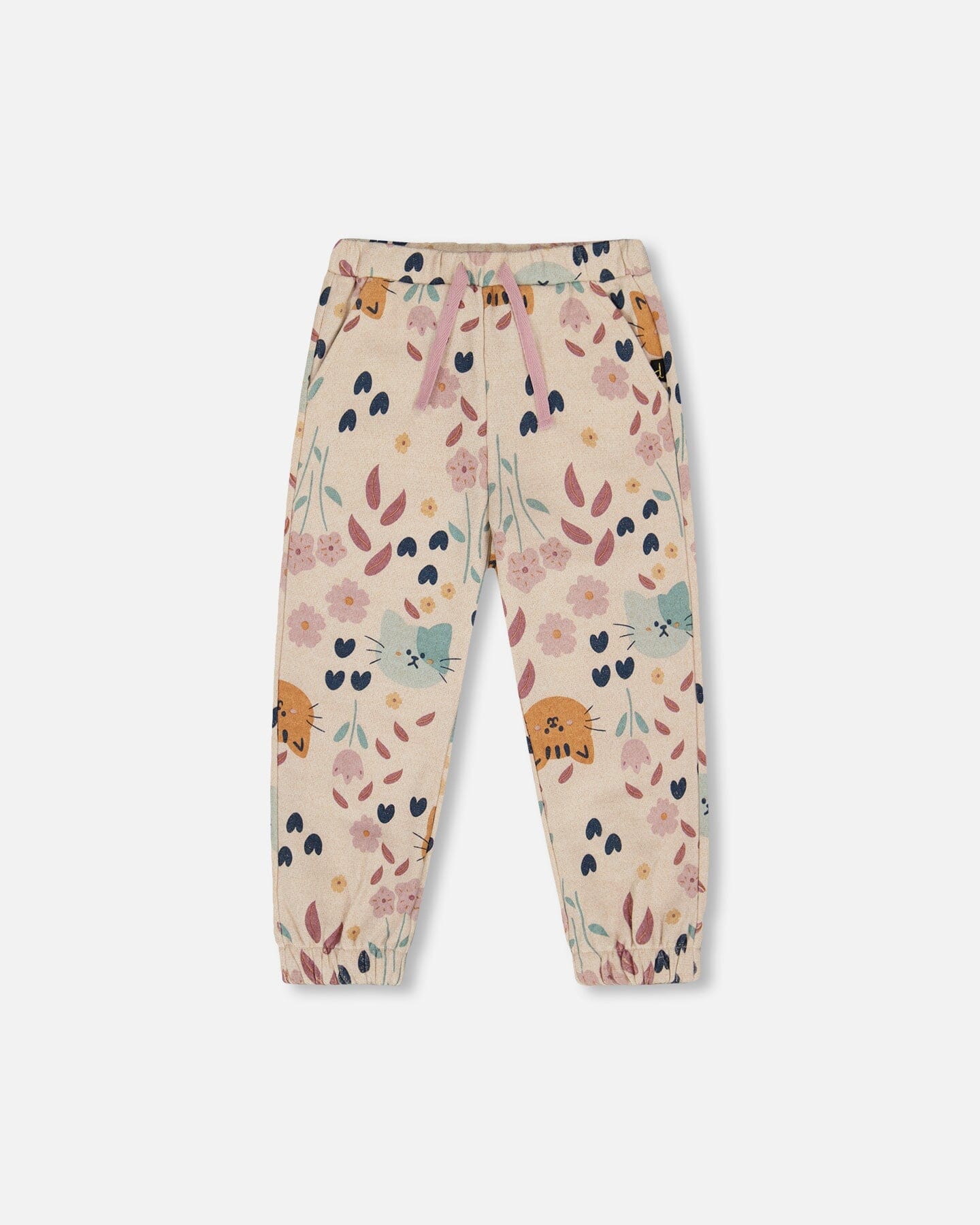 Glittering French Terry Sweatpant Beige Cat Print-0
