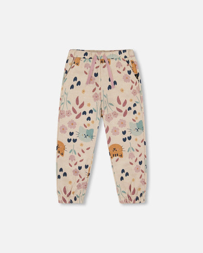 Glittering French Terry Sweatpant Beige Cat Print-0