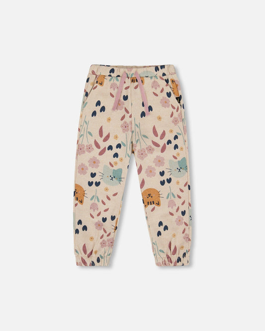 Glittering French Terry Sweatpant Beige Cat Print-0