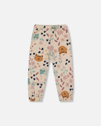 Glittering French Terry Sweatpant Beige Cat Print-2