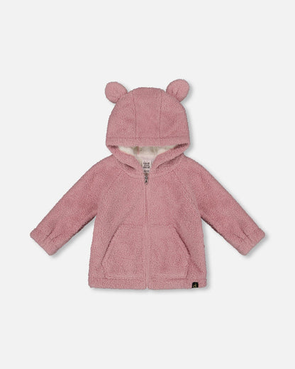 Hooded Full Zip Cat Plush Jacket Dusty Pink-0