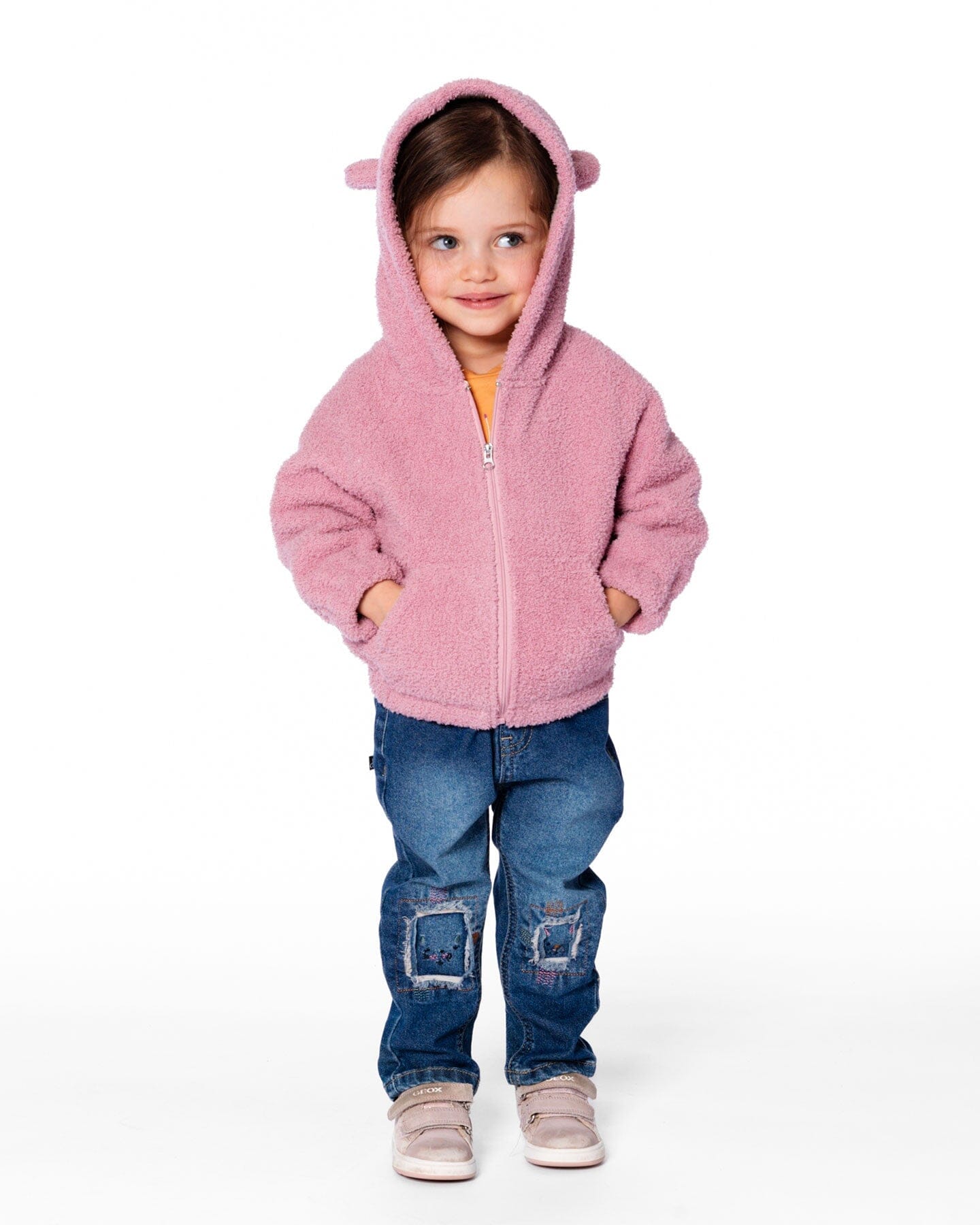 Hooded Full Zip Cat Plush Jacket Dusty Pink-2