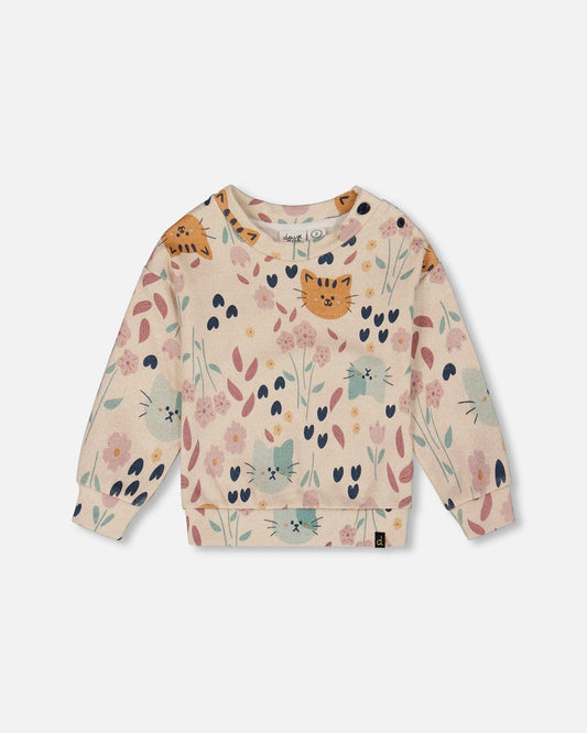 Glittering French Terry Sweatshirt Beige Cat Print-0