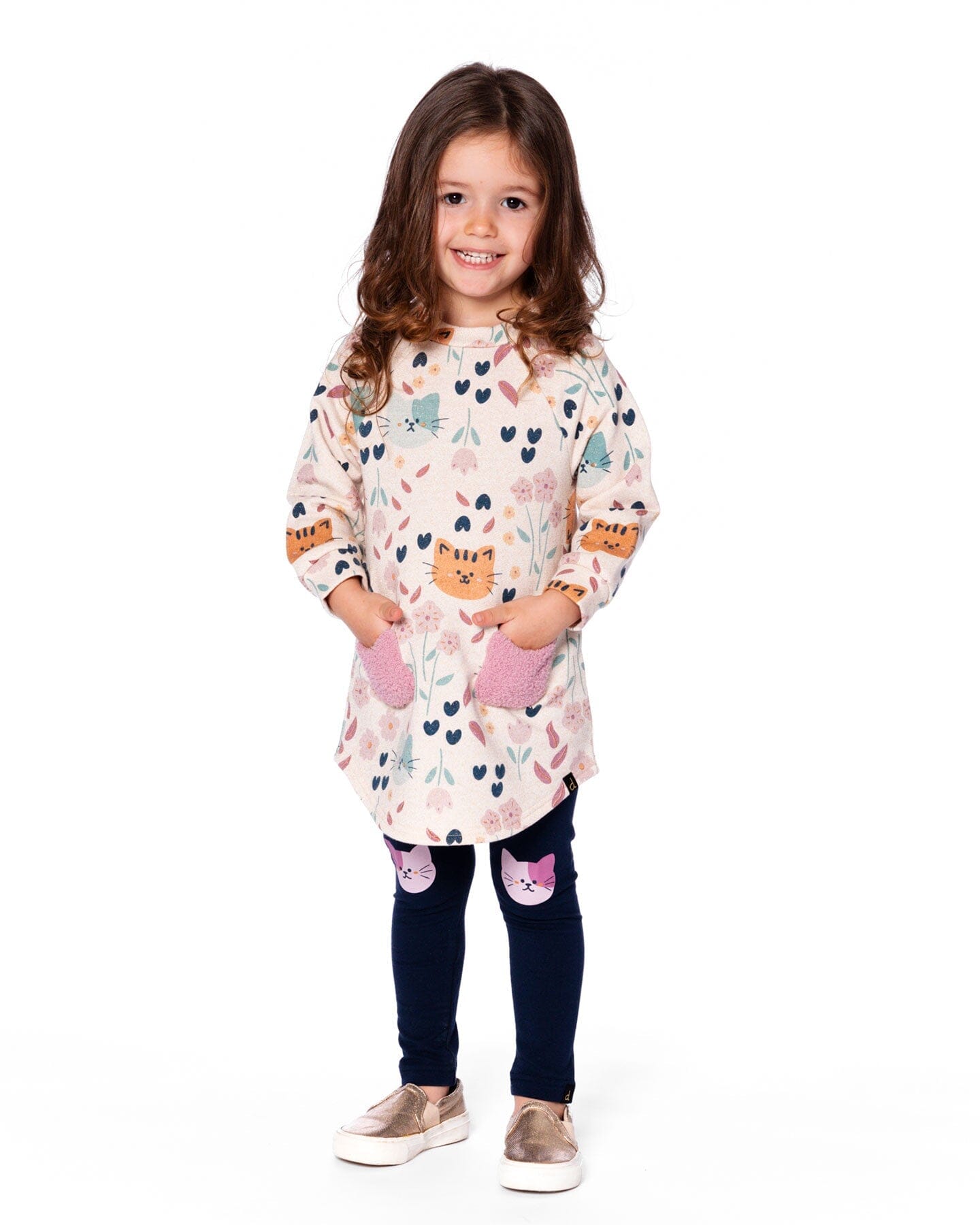 Glittering French Terry Dress Beige Printed Cat-1