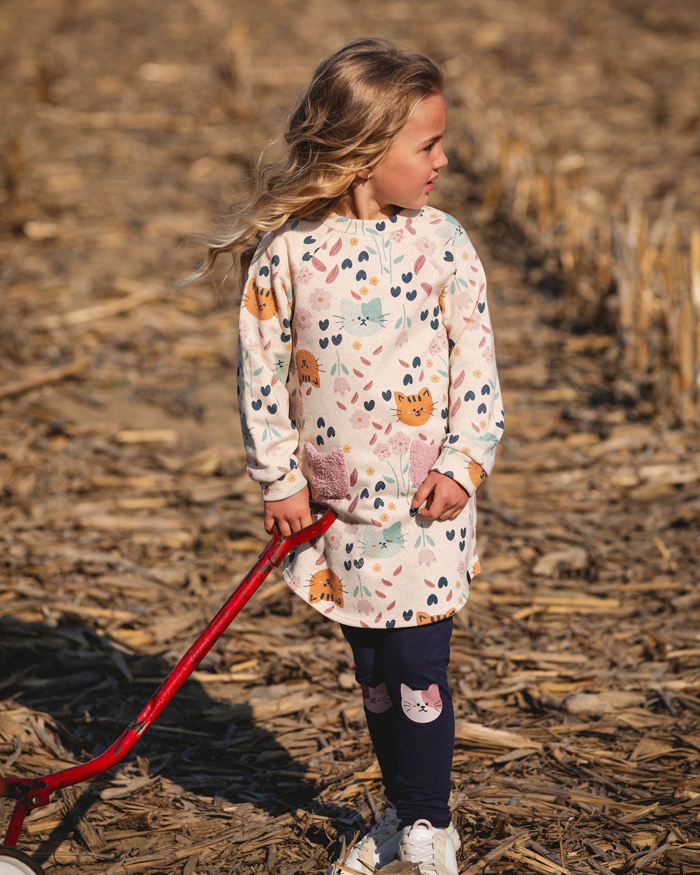 Glittering French Terry Dress Beige Printed Cat-3