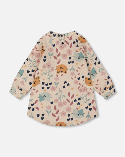 Glittering French Terry Dress Beige Printed Cat-2