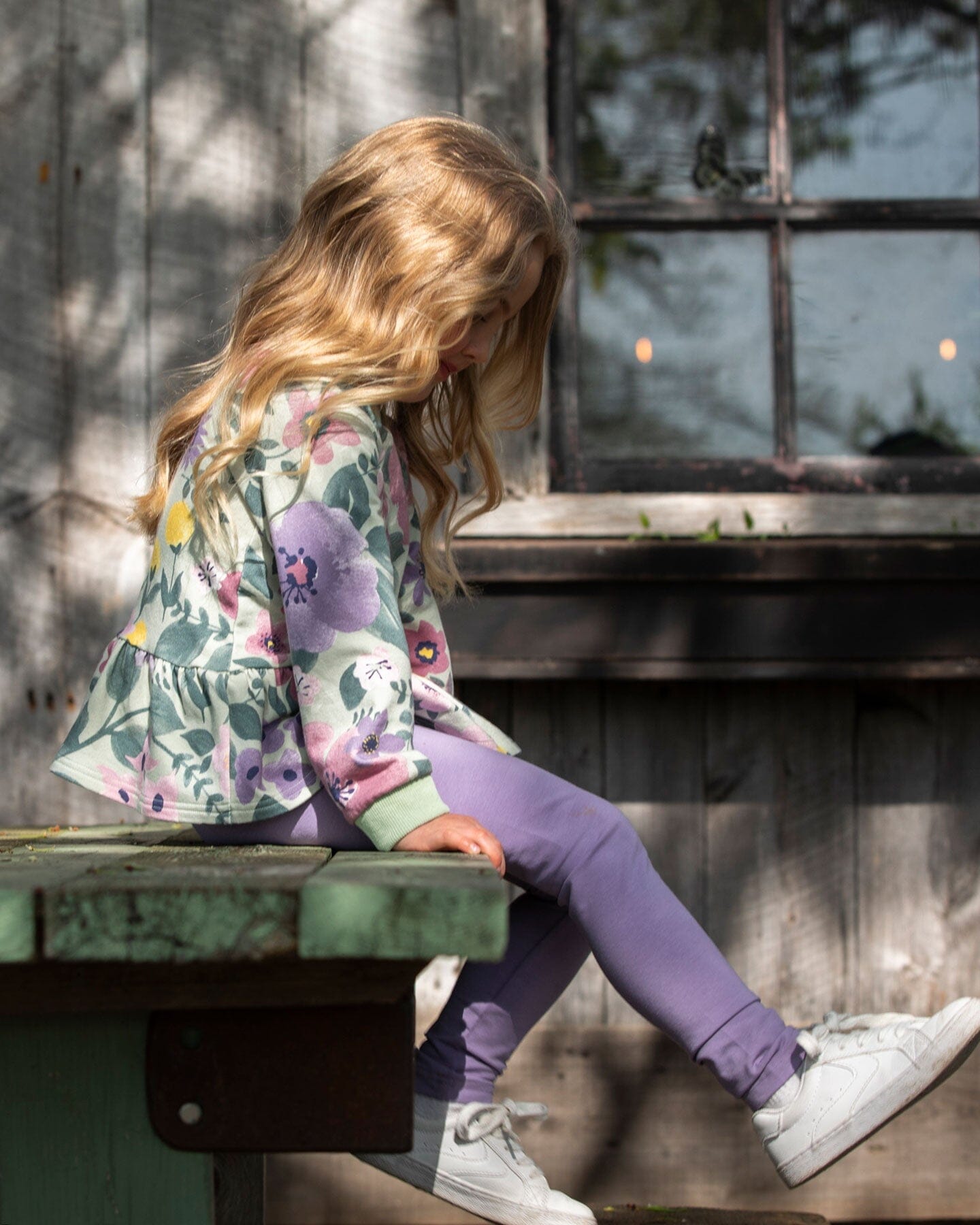 Organic Cotton Jersey Leggings Purple Gray With Floral Detail-1