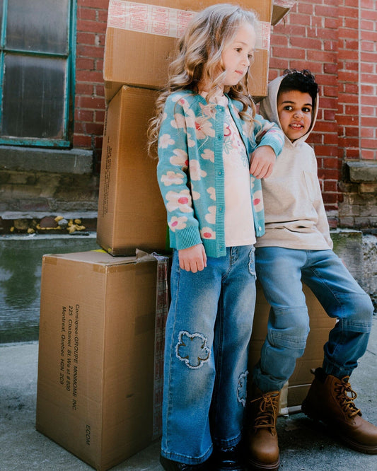 Wide Leg Stretch Light Blue Denim Jeans With Flower Stitching-1