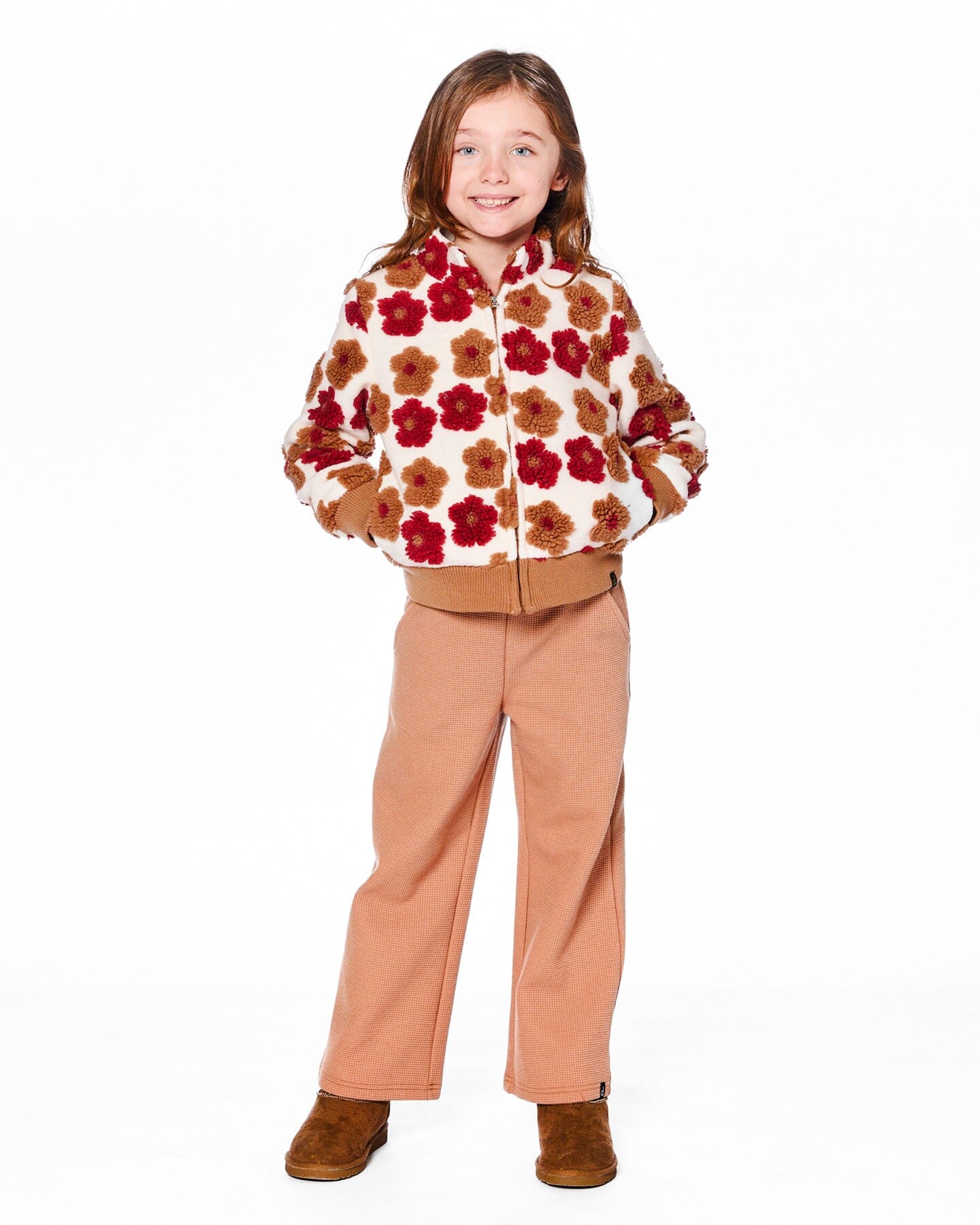Full Zip Sherpa Jacket With Jacquard Floral Pattern Beige And Red-1