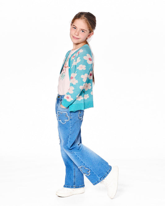 Button Front Knitted Cardigan Turquoise Blue-1